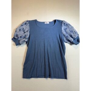 Sapphire Blue Puff Sleeve Top Ribbed Knit Blouse Women's Medium
